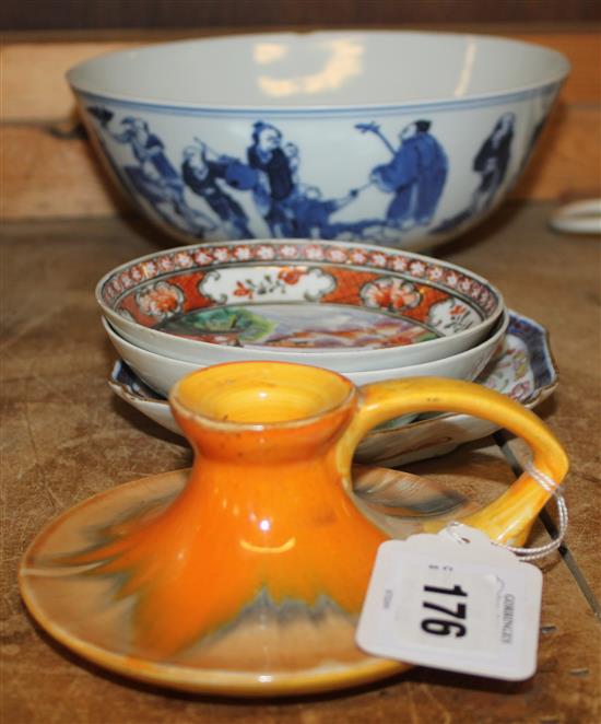 Chinese bowl, 3 dishes & Shelley candle holder